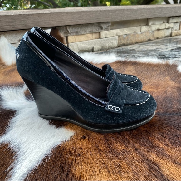 Sperry Black Suede Wedge Heels 75 